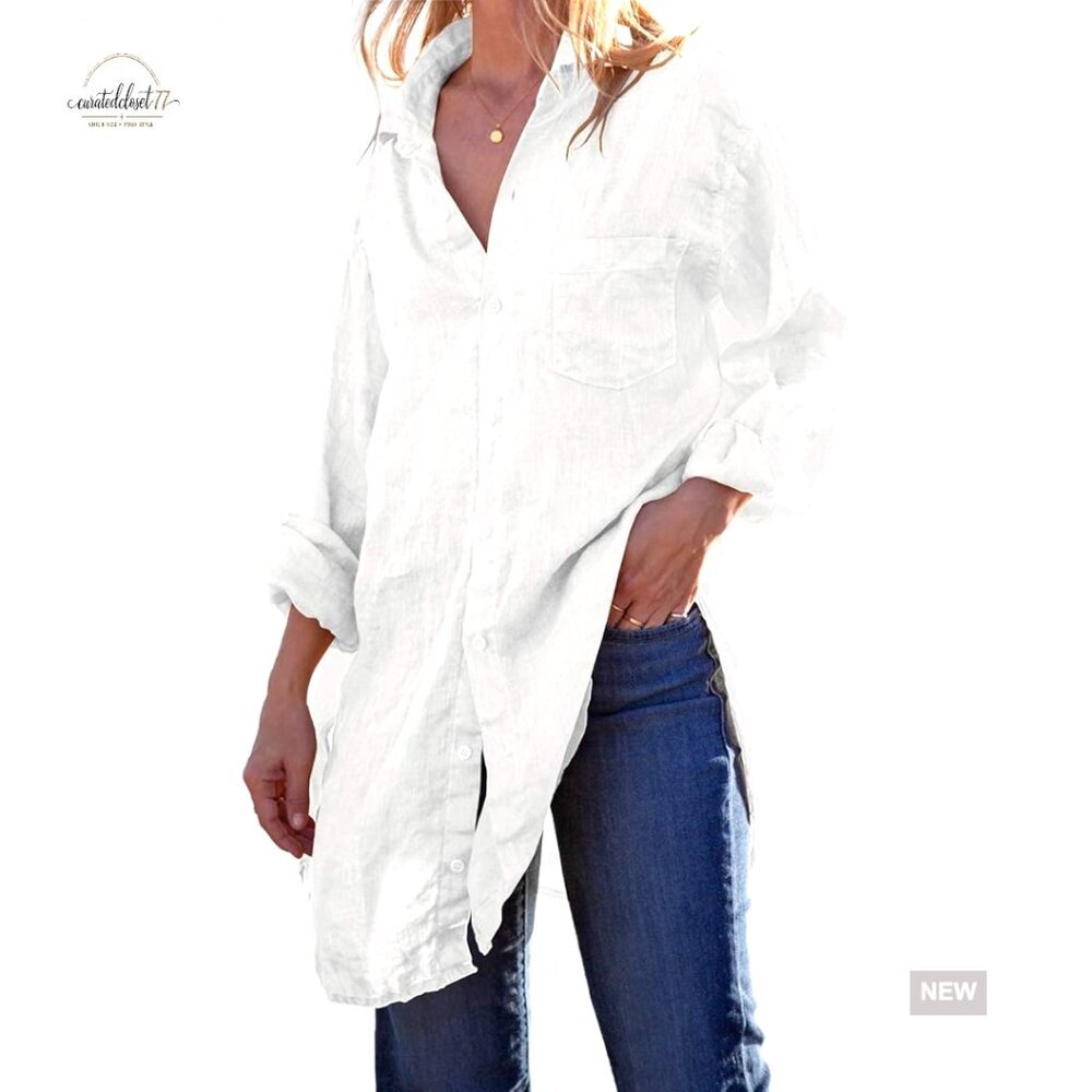 Linen Cotton Long Sleeve Tunic Blouse Button Down Cover Up Shirt